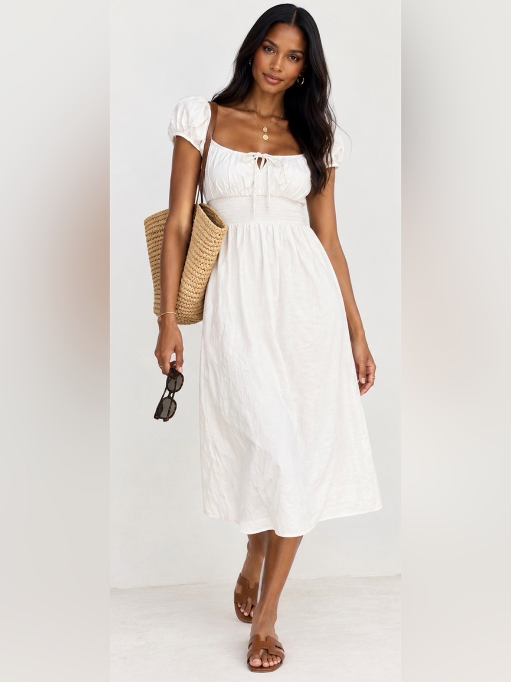 Reformation Arna Dress White Square Neck Smocked Puff Sleeve Midi Dress